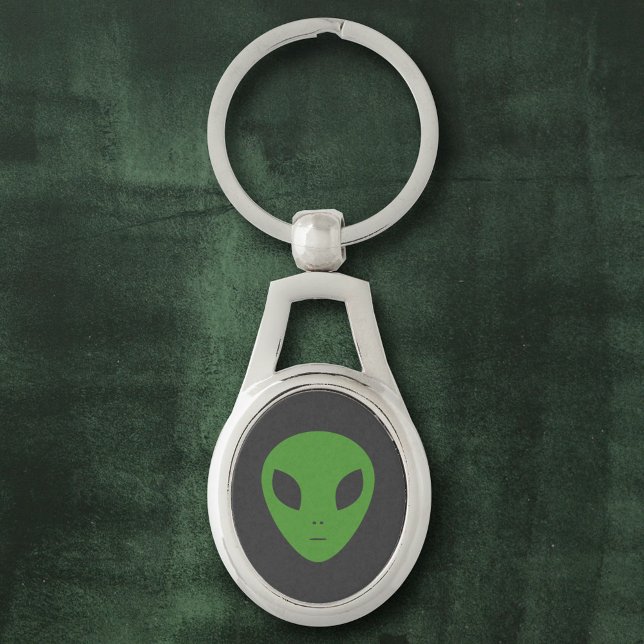 Grönt Alien Metall-nyckelkedja Ovalt Silverfärgad Nyckelring (Green Alien Keychain)