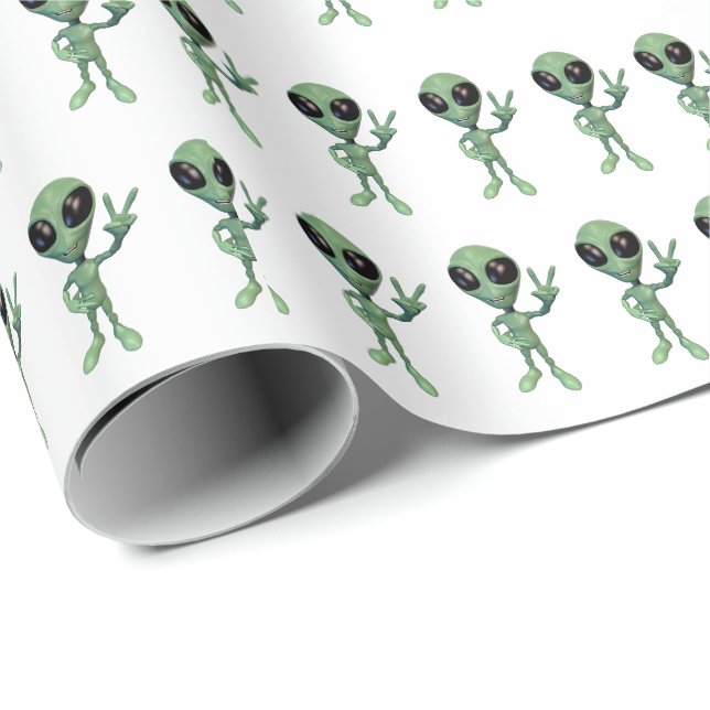 Grönt Alien Peace V-tecken Presentpapper (Rullad Hörn)