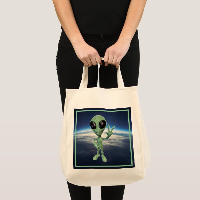 Grönt Alien Peace V-tecken Tygkasse (Framsida (produkt))