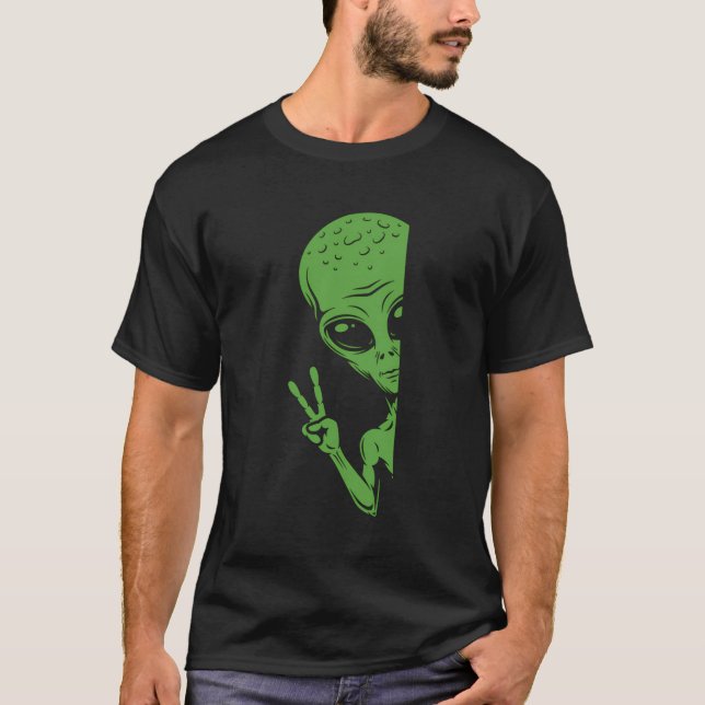 Grönt Alien Peeking Funny Alien Extraterrestrial S T Shirt (Framsida)