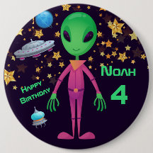 Grönt Alien UFO Add Namn Birthday Button