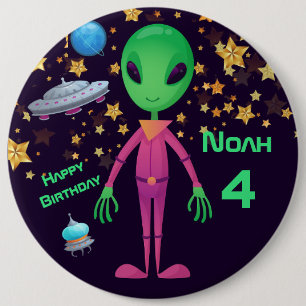 Grönt Alien UFO Lägg till födelsedagsknapp för Knapp