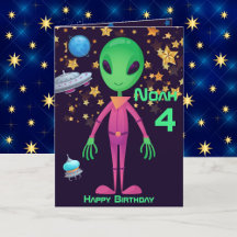 Grönt Alien UFO Lägg till Namn-födelsedagskort