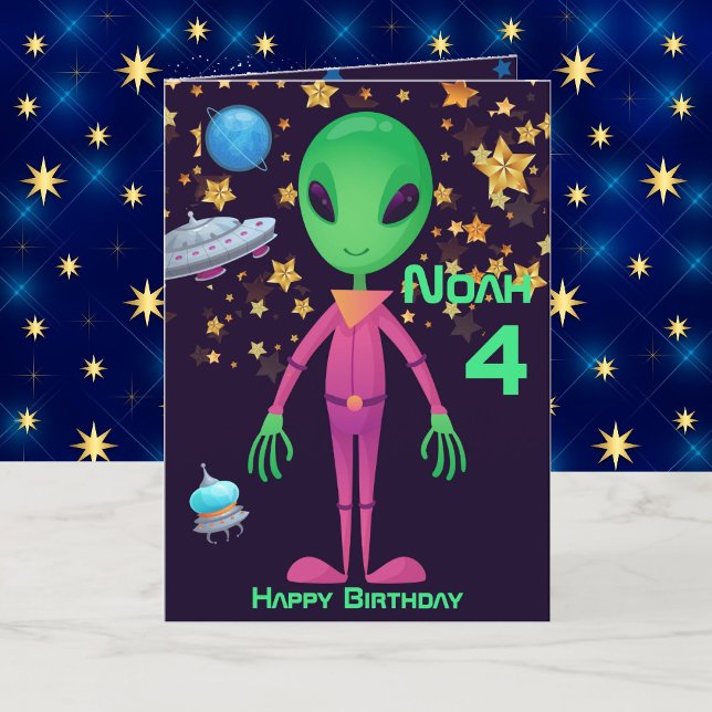 Grönt Alien UFO Lägg till Namn-födelsedagskort Kort (Skapare uppladdad)