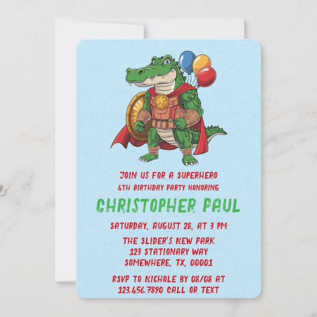 Grönt Alligator SuperFödelsedagsfest Inbjudningar (Framsida)