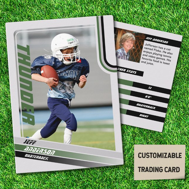 Grönt American Football Tracard-För barn (American Football Player Trading Card for Kids in Grey with Custom Team and Player Name Green)