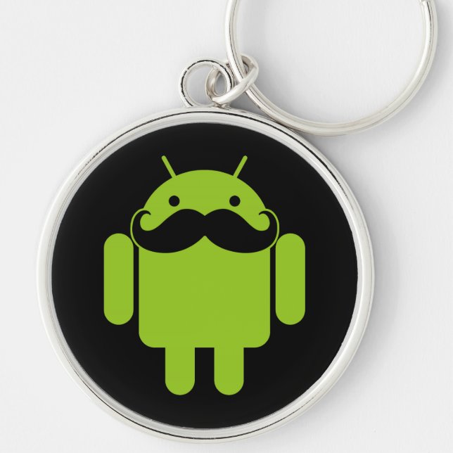 Grönt Android Robot Mustache på Black Rund Silverfärgad Nyckelring (Framsidan)