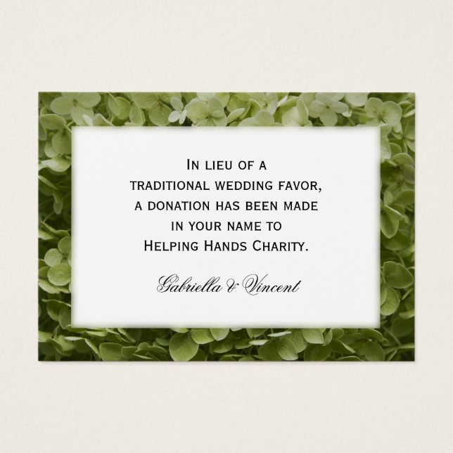 Grönt Annabelle Hydrangea Bröllop Charity Favors Visitkort (Framsidan)