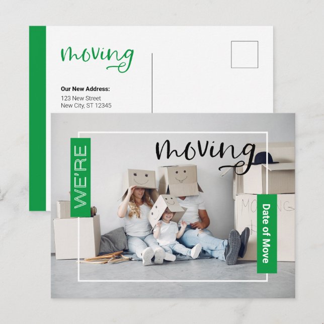 Grönt Anpassningsbar Foto Flytta Announement Card Vykort (Fram/baksida)