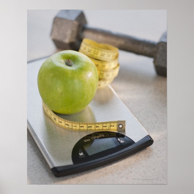 Grönt äpple på  vikt, mått på band och poster (Framsidan)
