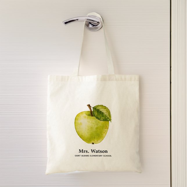 Grönt äpple Personlig lärare Skola Tygkasse (Green Apple Personalized Teacher School Tote Bag)