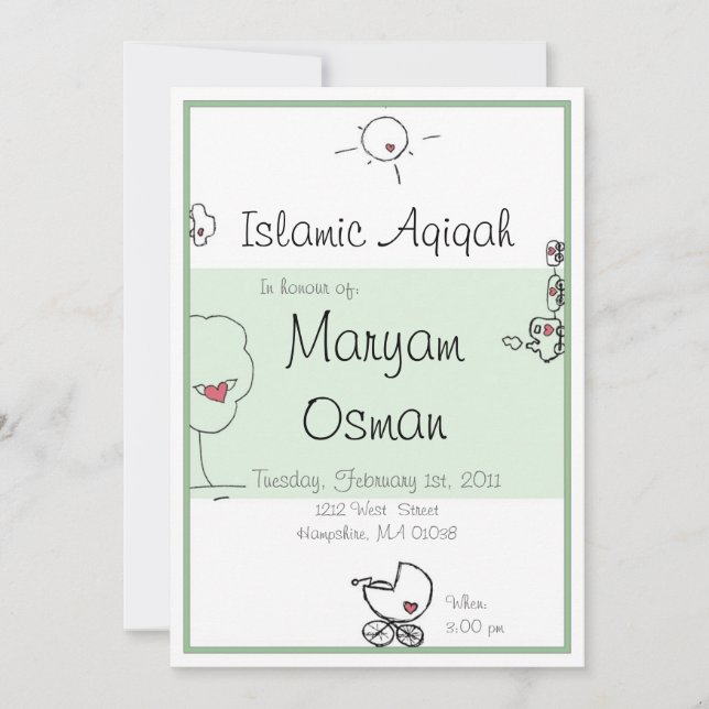 Grönt Aqiqah-inbjudan med söt tecknad teckning Inbjudningar (Framsida)