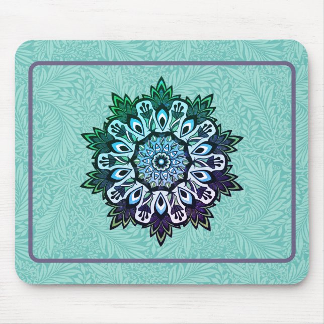 Grönt Aqua Blue Flower Mandala Boho Musmatta (Framsidan)