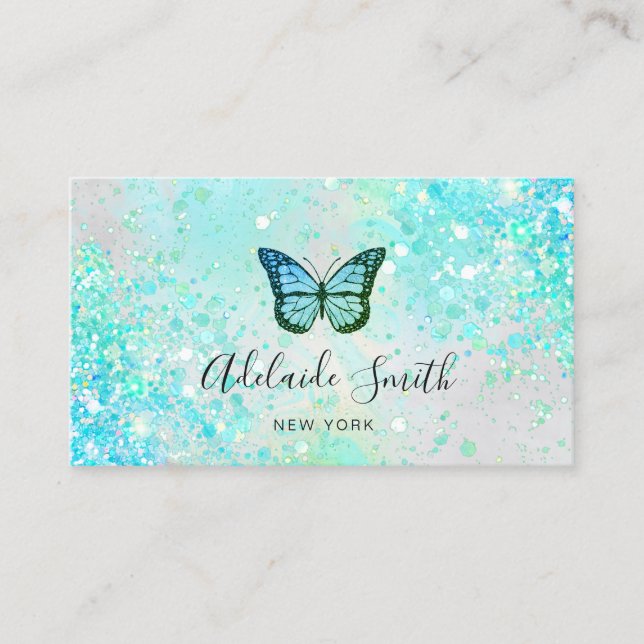 grönt aqua butterfly simulerad chunky glitter visitkort (Framsida)