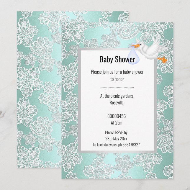 GRÖNT AQUA SNÖRE DETAIL WHITE STORK BABY SHOWER INBJUDNINGAR (Fram/baksida)