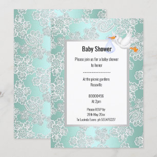 GRÖNT AQUA SNÖRE DETAIL WHITE STORK BABY SHOWER INBJUDNINGAR