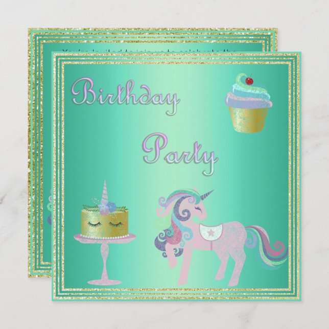 Grönt Aqua Unicorn Cake FÖDELSEDAGSFEST Inbjudningar (Fram/baksida)
