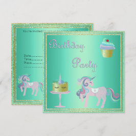 Grönt Aqua Unicorn Cake FÖDELSEDAGSFEST Inbjudningar