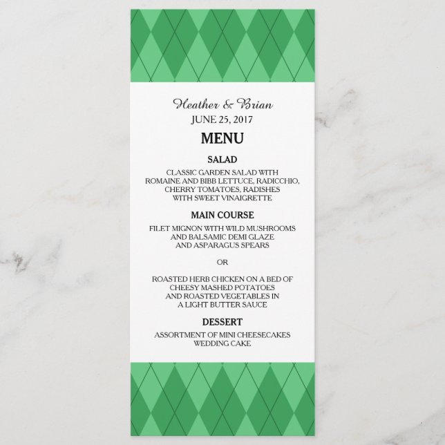 Grönt Argyle Bröllop Menu Meny (Framsida)