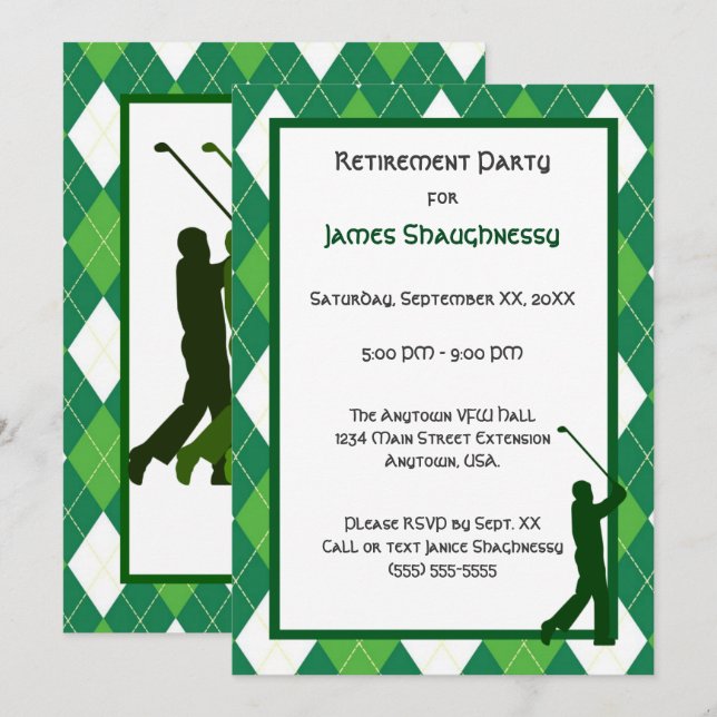 Grönt Argyle och Golf Party Inbjudningar (Fram/baksida)