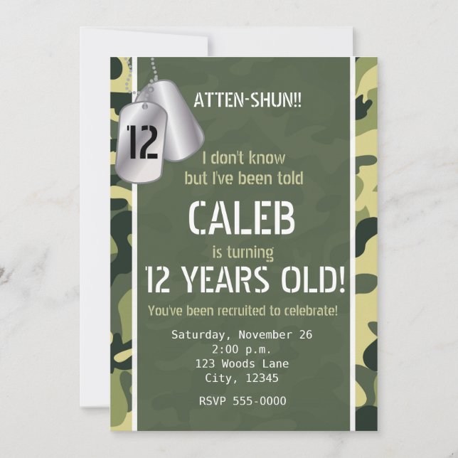 Grönt Army Hundbrickors Camouflage Party-inbjudnin Inbjudningar (Framsida)