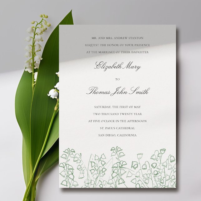 Grönt Art Blommigt Sketch Lily Valley Formal Bröll Inbjudningar (lily of the valley wedding invitation formal traditional elegant green floral sketch fine art wild)