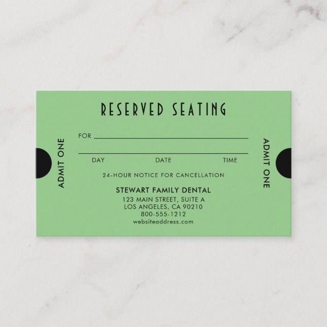Grönt Art Deco Reserved Seatental Dental Tidsbeställning Kort (Framsida)