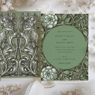 Grönt Art nouveau Blommigt Bröllop Inbjudningar