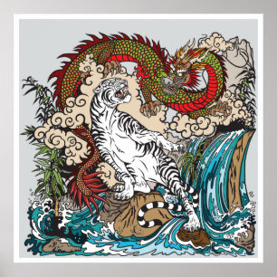 Grönt asiatisk dragon VS White tiger. Illustration Poster