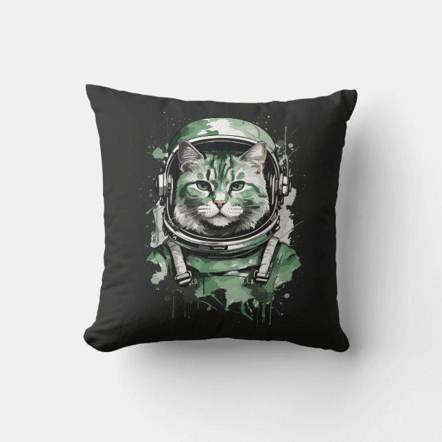 Grönt Astronaut Cat Stänk Kudde (Framsida)