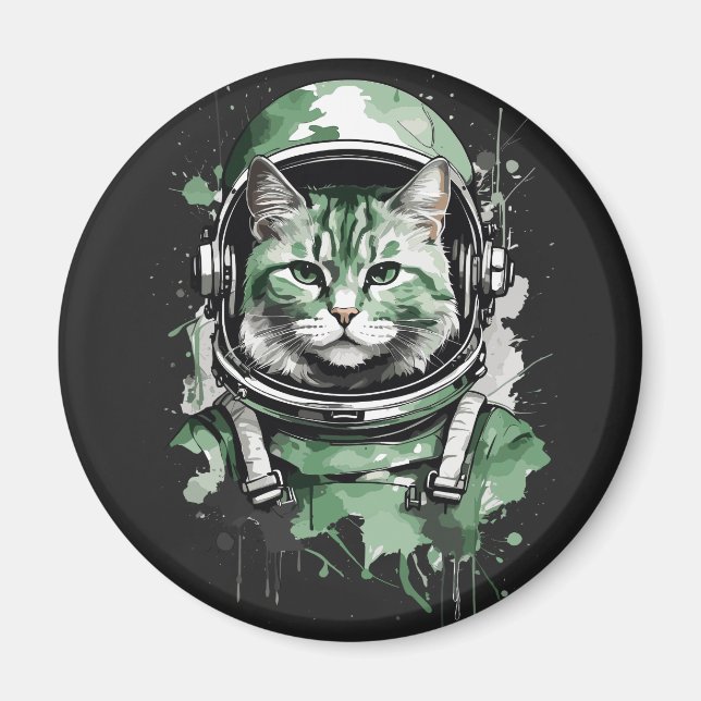 Grönt Astronaut Cat Stänk Magnet (Framsidan)