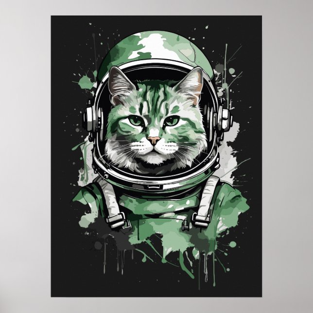 Grönt Astronaut Cat Stänk Poster (Framsidan)