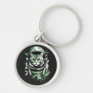 Grönt Astronaut Cat Stänk Rund Silverfärgad Nyckelring