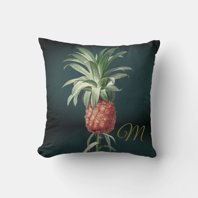Grönt av ananas Vintage Tropisk Elegant Monogram Kudde (Framsida)