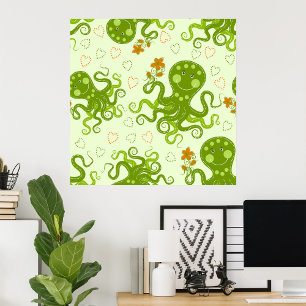 Grönt av bläckfisk med blommor poster