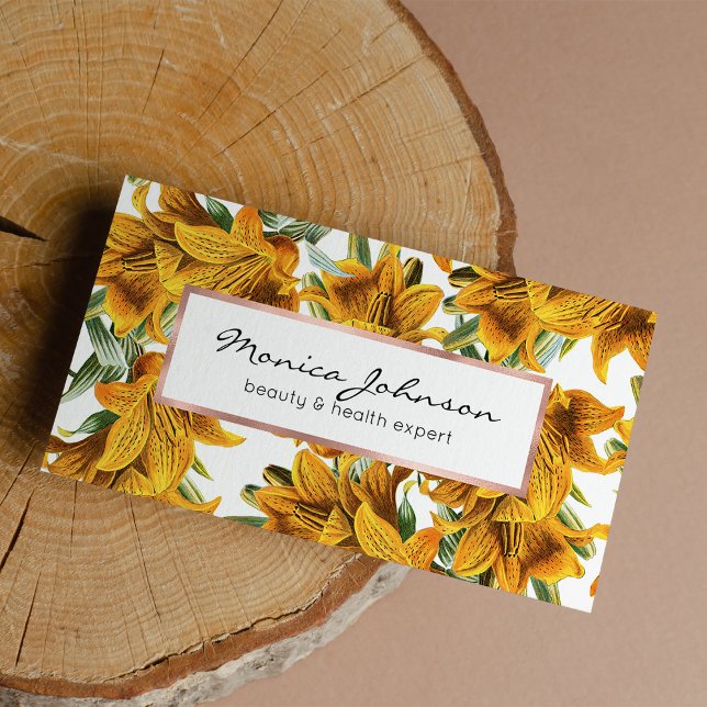 Grönt av botanisk rustik orange, lily trendig blom visitkort (Botanical rustic orange green lily trendy floral)