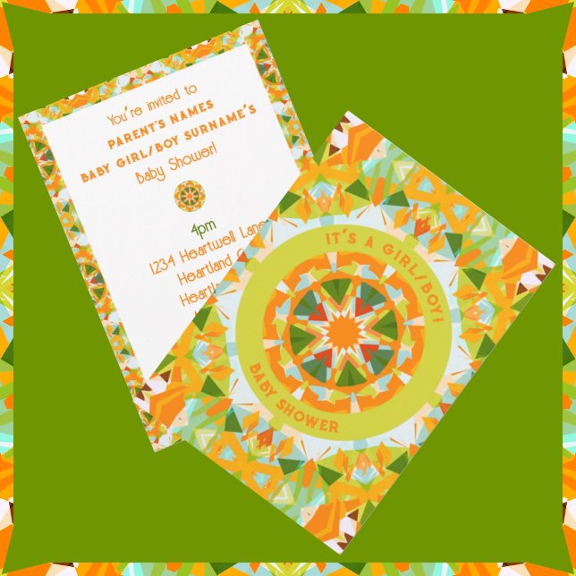 Grönt av Bright Orange Star Flicka Boy’s Shower Inbjudningar (Bright Orange & Green Gender Neutral Baby Shower Invitations. Front and Back View.)