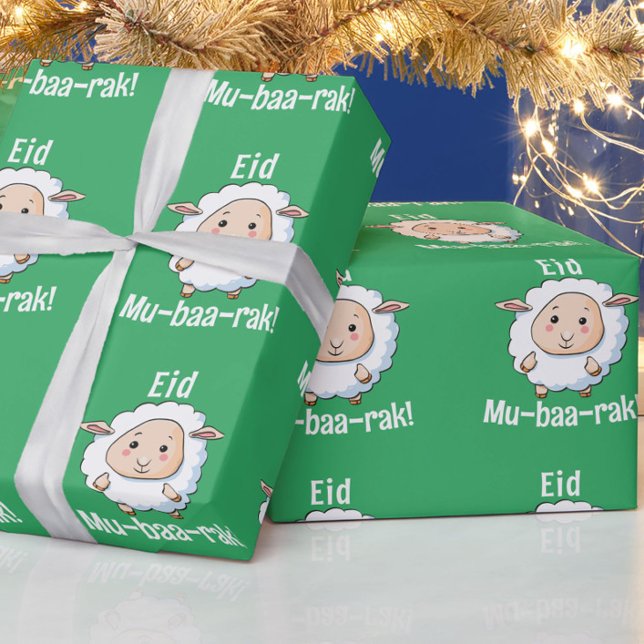 Grönt av Cute "Eid Mubarak" Får Funny Kids Presentpapper (Fun spring green "Eid Mubarak" sheep wrapping paper. Great for kids!)
