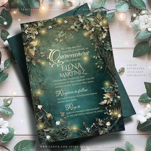 Grönt av den vackra Forest Quinceanera Emerald Inbjudningar (Skapare uppladdad)