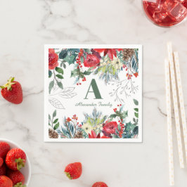 Grönt av elegant av julfamiljen blommigt monogramm pappersservett