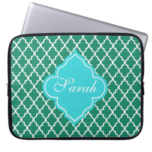 grönt av elegant och teal quatrefoil monogram laptop sleeve