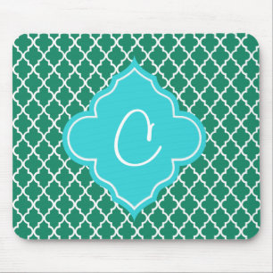 grönt av elegant och teal quatrefoil monogram musmatta
