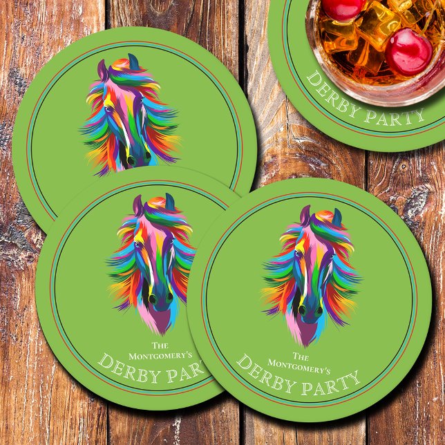 Grönt av färglös rasthäst Derby Underlägg Papper Rund (Colorful Racehorse Derby Party Round Green Paper Coasters)