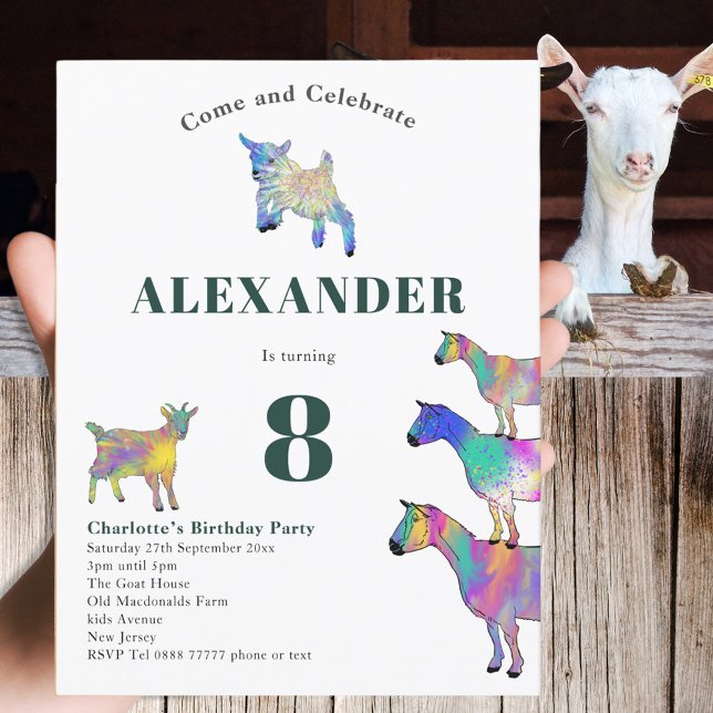 Grönt av Födelsedagsfest för getkött Inbjudan Vykort (Cute goats colorful farm animal art 8th birthday party budget invitation postcard )