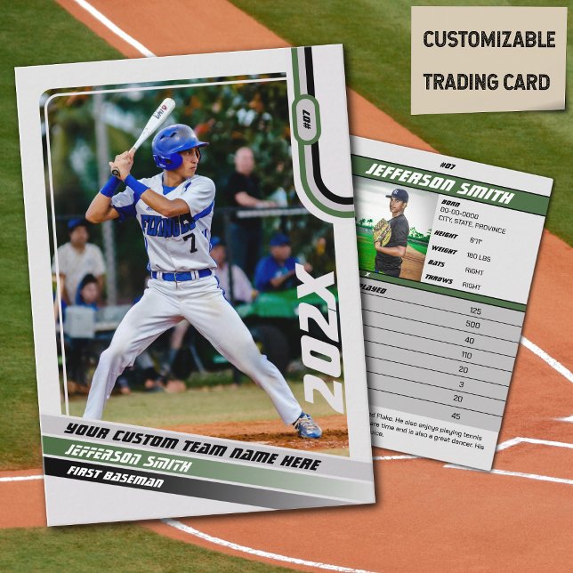 Grönt av  för Baskspelarkort, Anpassningsbar, Gråt (Baseball Player Trading Card in Light Grey with Custom Team Name and Green and Black Elements)