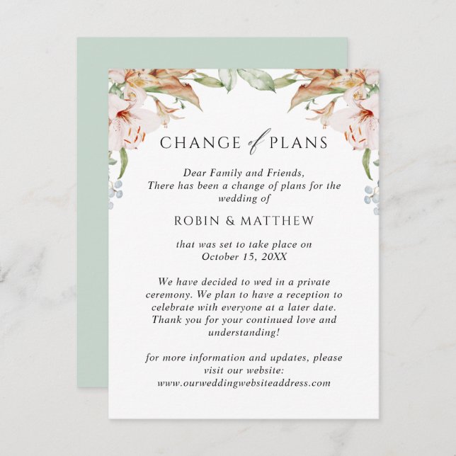 Grönt av jordbloomer Förändring av planer i Bröllo Meddelande (Fram/baksida)