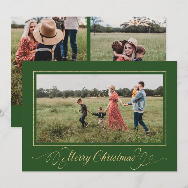 Grönt av jullfotoporten Guld Ram Photo Helgdag Car Inbjudningar (Fram/baksida)