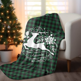 Grönt av julrenar, baffalo plaid monogram fleecefilt