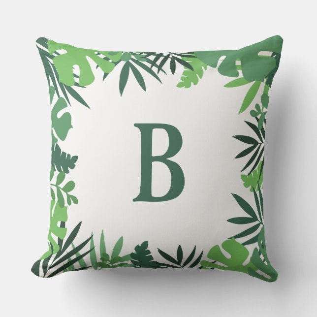 Grönt av jungle tropical handflatan lövs monogram kudde (Framsida)