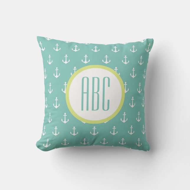 Grönt av kalk och seafoam Anchor Monogram Pillow Kudde (Framsida)